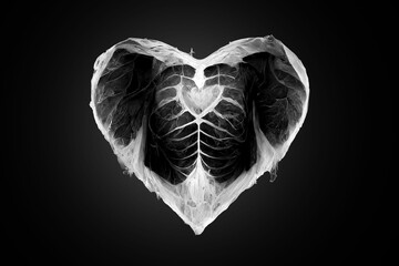Unusual love, dark fantasy. Stylized heart made of bones. Gothic original gift for Valentine's Day. Isolate on a black background. X-ray of a heart shape