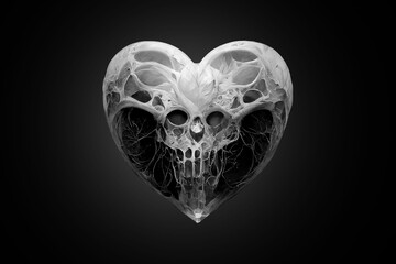 Gothic original gift for Valentine's Day. Unusual love, dark fantasy. Stylized heart made of bones. Isolate on a black background. X-ray of a heart shape