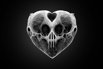 Isolate on a black background. X-ray of a heart shape. Gothic original gift for Valentine's Day. Stylized heart made of bones. Unusual love, dark fantasy