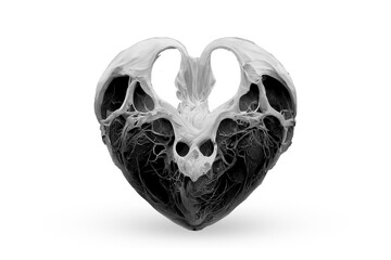 Gothic original gift for Valentine's Day. Isolate on a white background. Stylized heart made of bones. Unusual love, dark fantasy. X-ray of a heart shape