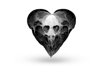 Unusual love, dark fantasy. X-ray of a heart shape. Gothic original gift for Valentine's Day. Stylized heart made of bones. Isolate on a white background