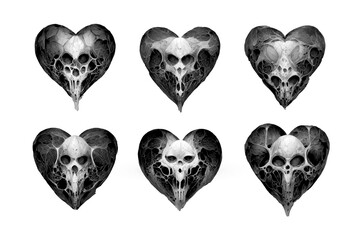 Gothic original gift for Valentine's Day. Isolate on a white background. Unusual love, dark fantasy. Stylized heart made of bones. X-ray of a heart shape