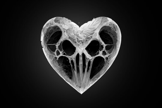 Unusual love, dark fantasy. X-ray of a heart shape. Isolate on a black background. Gothic original gift for Valentine's Day. Stylized heart made of bones