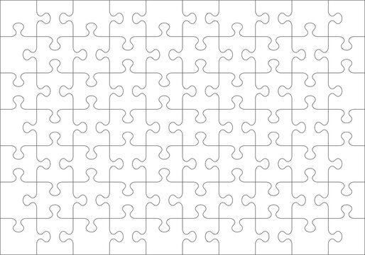 Transparent PNG format jigsaw puzzle blank template or cutting guidelines. 70 classic style transparent pieces. 10x7 grid of landscape orientation.
