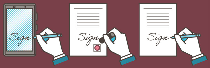 Concept of contract and electronic contract. Vector illustration of a hand stamping and signing a document or tablet.