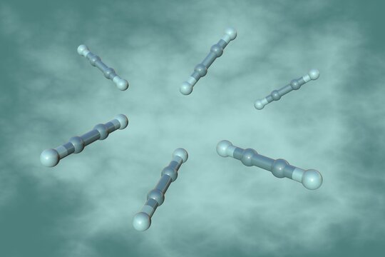 Molecular model of acetylene or ethyne, an important industrial raw material used to produce solvents and alkenes for plastic production. Scientific background. 3d illustration
