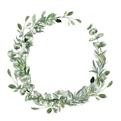 Watercolor Greenery wreath, wedding invitation frame. Rustic greenery wedding decor. Elegante eucalyptus wreath.