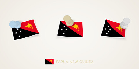 Pinned flag of Papua New Guinea in different shapes with twisted corners. Vector pushpins top view.