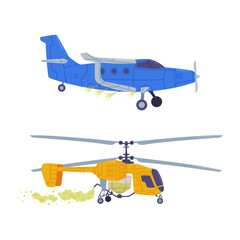 Set of agricultural airplanes. Helicopter and biplane spraying pesticides and fertilizers, side view flat vector illustration on white - obrazy, fototapety, plakaty