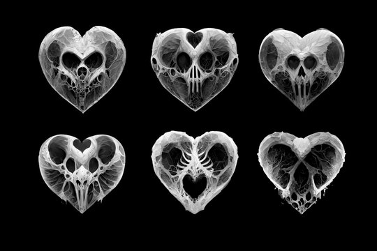 Stylized heart made of bones. X-ray of a heart shape. Gothic original gift for Valentine's Day. Unusual love, dark fantasy. Isolate on a black background