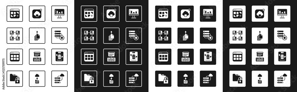 Poster set monitor with graph chart, data export, hierarchy organogram, different files, server and gear, c