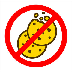 Crossed-out biscuit. Red prohibition sign. Stop cookies. No cookies symbol. It is forbidden to eat crumbs. Ban litter. Stop sweet icons.