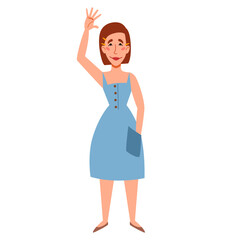 A fashionable skinny girl in casual clothes greets. Friendly greeting of a young woman. Vector illustration in a flat style, isolated on a white background.