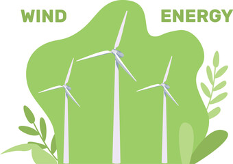 Onshore wind farms. Green energy wind turbines on earth. Wind turbines. Vector illustration. Clean energy. Save the planet.