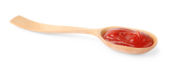 Ketchup in wooden spoon isolated on white