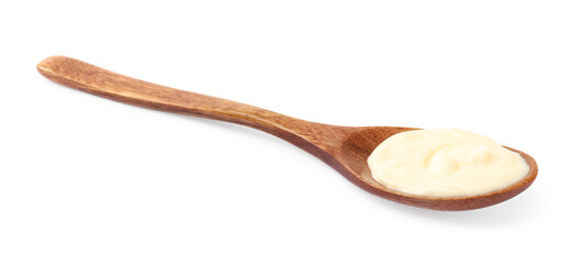 Mayonnaise in wooden spoon isolated on white