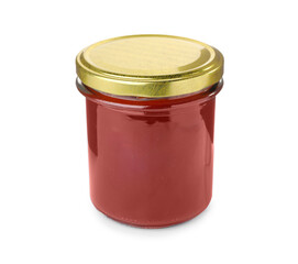 Glass jar of delicious ketchup isolated on white