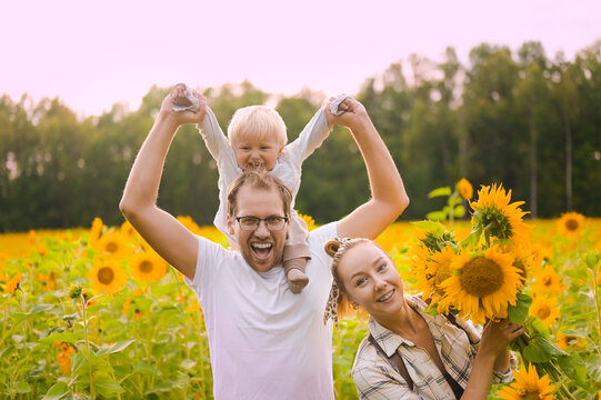 happy childhood in the sunflower field. son and father with glasses and mother - Powered by Adobe