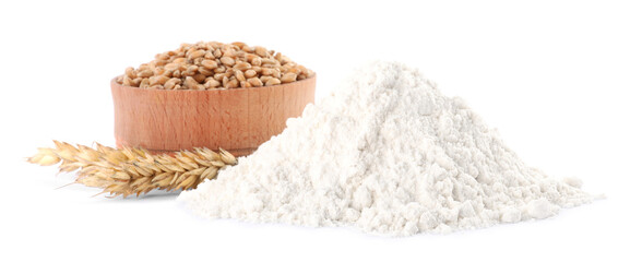Heap of wheat flour, bowl with grains and spikelets on white background