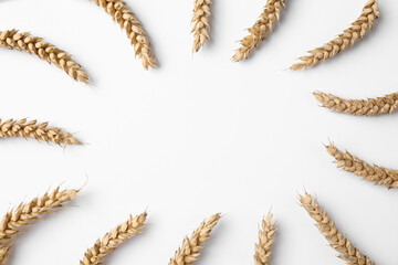 Frame of wheat on white background, flat lay. Space for text