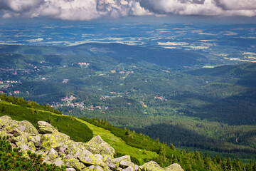 Summer scenery of the trail on Mount Szrenica in the Karkonosze Mountains, Poland.