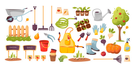Garden, farm and agriculture set. Gardening tools. Harvest. Cartoon vector illustration
