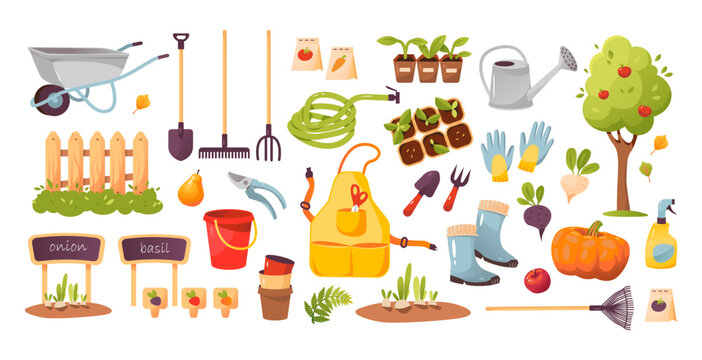 Garden, farm and agriculture set. Gardening tools. Harvest. Cartoon vector illustration
