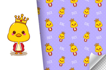Cute king duck cartoon character seamless pattern illustration