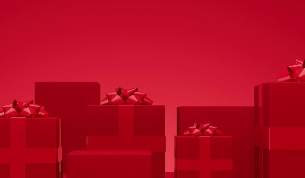 Minimal Christmas festive product display stage with podium and gift boxes. 3D Rendering