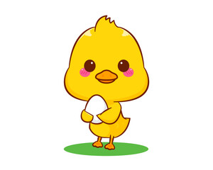 Cute little duck holding egg cartoon character isolated white background. Vector art illustration