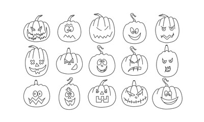 Halloween pumpkin icons, isolated on a white background. A set of pumpkins for Halloween. Monster faces. Sketch of a pumpkin. Happy Halloween. Elements for fall decor, Halloween invitation.