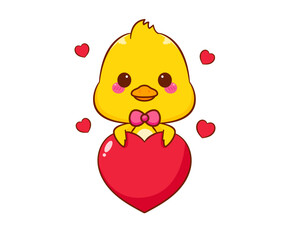 Cute little duck with big love heart cartoon character isolated white background. Vector art illustration