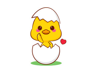 Cute little duck hatch from egg cartoon character isolated white background. Vector art illustration