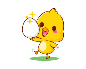 Cute little duck holding egg cartoon character isolated white background. Vector art illustration