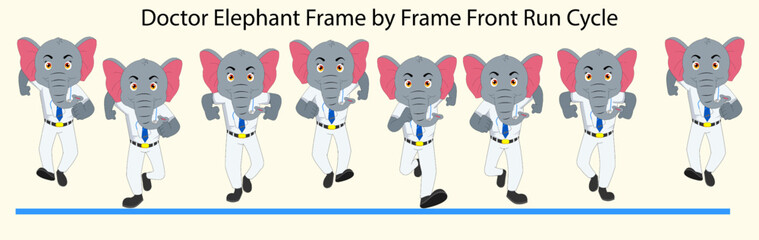 Cute Elephant front Run cycle in doctor dress vector Illustration. designed for 2D animation, Motion graphics, Animated eLearning videos, Loop Animations