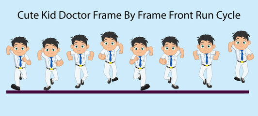 Cute Kid Doctor Frame by Frame Front Run Cycle Vector Illustration. Design for Motion graphics, 2D Animation, and Infographics, with light blue background