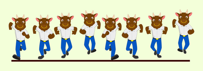 Cartoon bull as a School kid, Frame by Frame  Front run cycle. Can be used for 2D Animation, Motion graphics, explanatory animated videos, posters