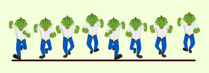 Cartoon crocodile in school dress front run cycle pose to pose animated. Ready to use in 2D animation, Motion posters, Explanatory Videos, Easy to edit