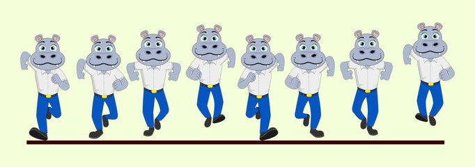 Hippo Frame by Frame Front Run Cycle in School Uniform Vector Illustration. Design for Motion graphics, 2D Animation, Infographics