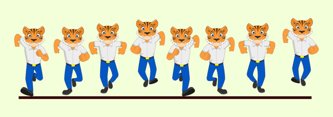 Tiger Frame by Frame Front Run Cycle in School Uniform Vector Illustration. Design for Motion graphics, 2D Animation, Infographics, Animation Motion posters