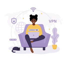 VPN service. African woman using virtual private network. Personal information and data safety. Password security. Protection IP addresses and cyberspace. Vector illustration in flat cartoon style.