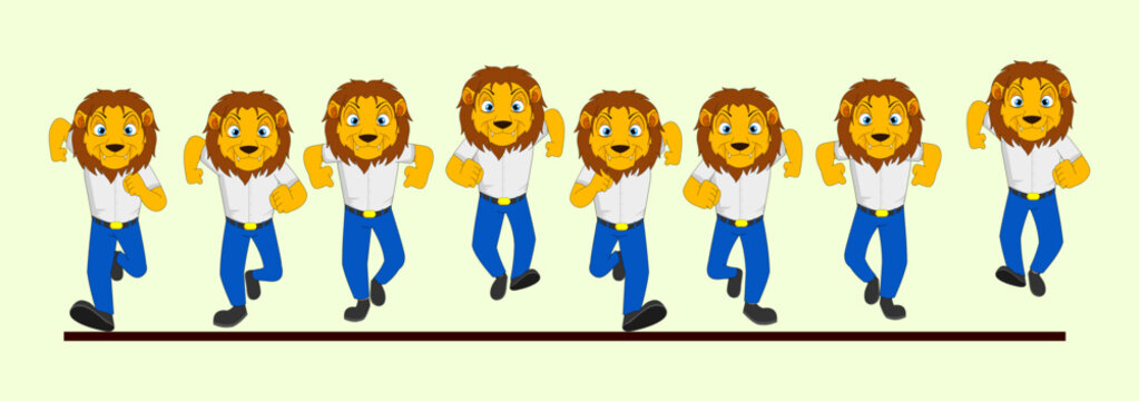 lion Frame by Frame Front Run Cycle in School Uniform Vector Illustration. Design for Motion graphics, 2D Animation, Infographic, Pose Animation, Animated Motion Posters
