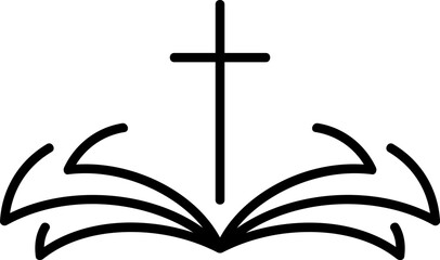 Vector emblem with Cross and Holy Bible. Illustration of Christian Logo or icon. Religious community. Design element for poster, badge, sign