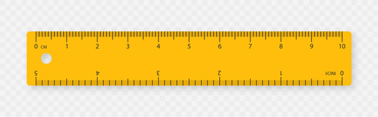 Realistic plastic ruler. Measuring scale with centimeters and inches. Markup for rulers. Vector illustration isolated on transparent background. Vector EPS10.	