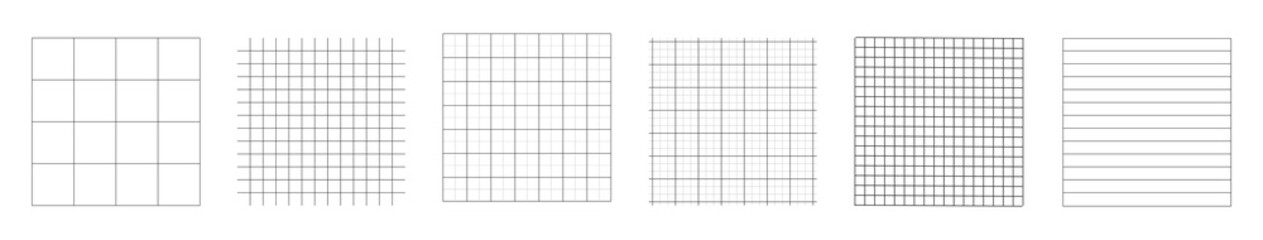 Grid templates. Set of grid line background. Squared notebook seamless pattern. Paper graph abstract geometric texture. Vector illustration.