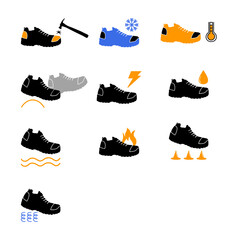 Characteristics of safety shoes hand drawn icons.