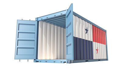 Cargo Container with open doors and Panama national flag design. 3D Rendering