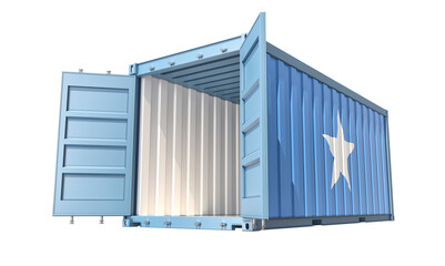 Cargo Container with open doors and Somalia national flag design. 3D Rendering