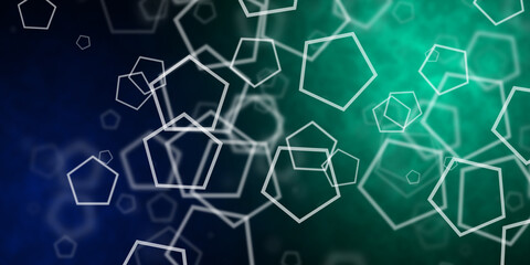 Abstract dark blue and light green background with flying pentagonal shapes