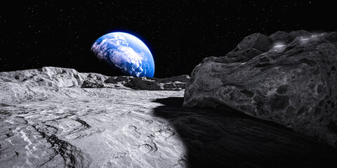 Fototapeta na wymiar 3d illustration. View of the planet Earth from the surface of the Moon.